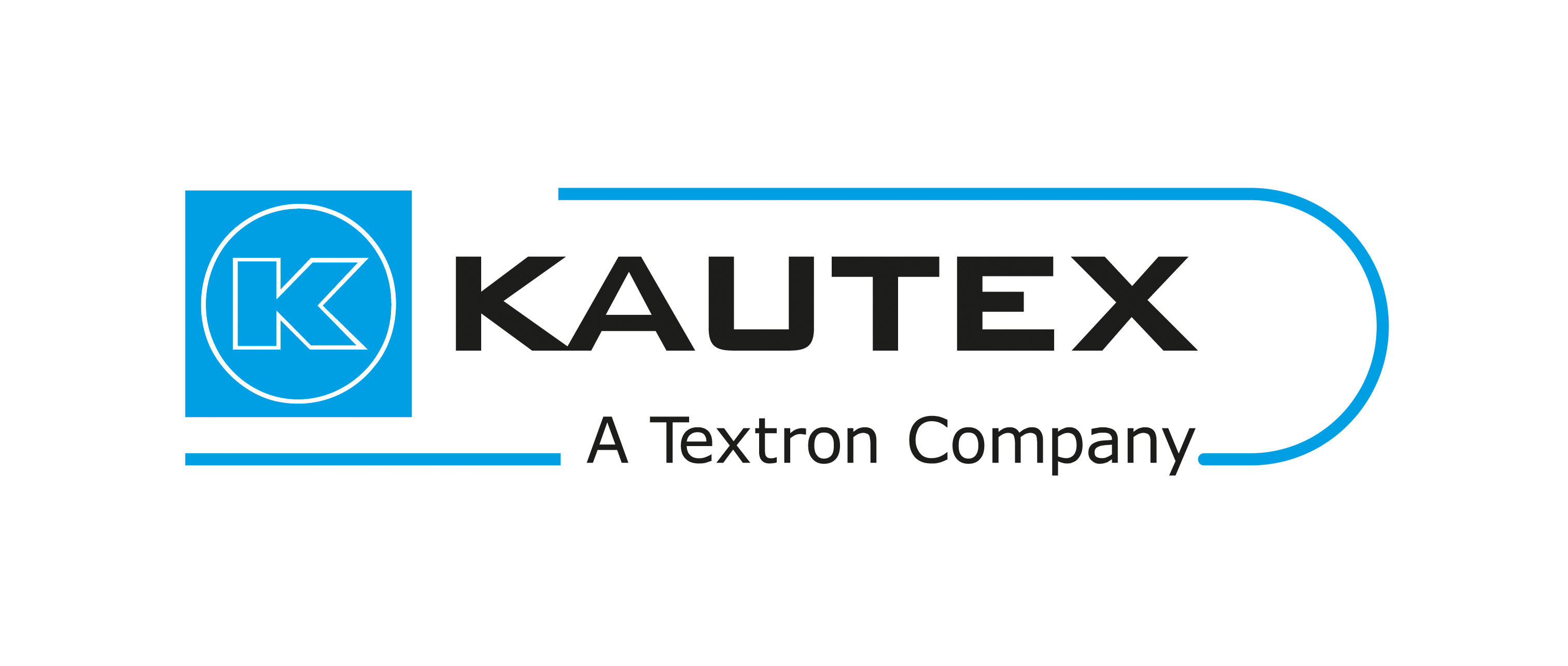 Logo der Firma Kautex. In der Mitte in schwarz der Schriftzug KAUTEX, darunter kleiner der Text A Textron Company. Links ein Blaues Quadrat mit einem weissen Kreis, in dessen Mitte sich der Buchstabe K mit weissen Umrissen bildet. Oben eine blaue Linie, die sich rechts in einem Halbbogen nach unten vorsetzt und wieder nach links läuft.