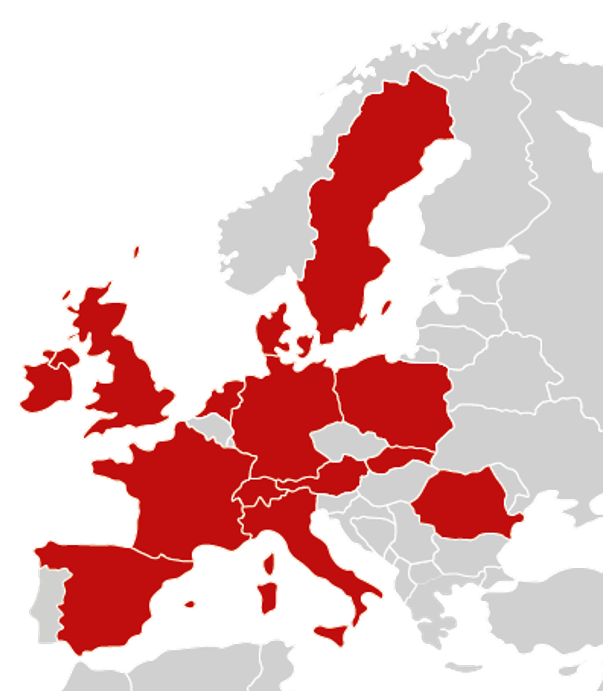 Schematische Darstellung der Länder in Europa in denen die Firma Max Frank aktiv ist. Diese Länder sind Rot abgesetzt, alle anderen Länder sind Grau.