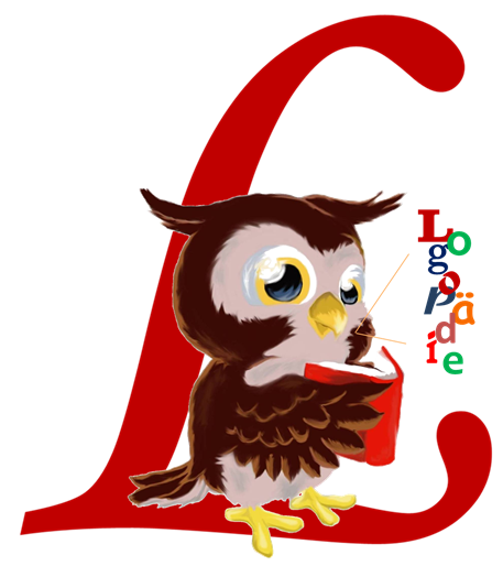 Ein Eule steht vor dem Buchstaben L in rot und liest ein Buch. 
Rechts bilden Buchstaben in verschiedenen Farben, Grössen und Formen den Begriff Logopädie.