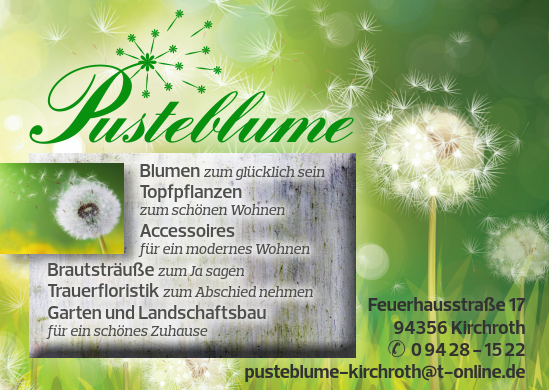Visitenkarte der Gärtnerei Pusteblume mit den angebotenen Dienstleistungen.
