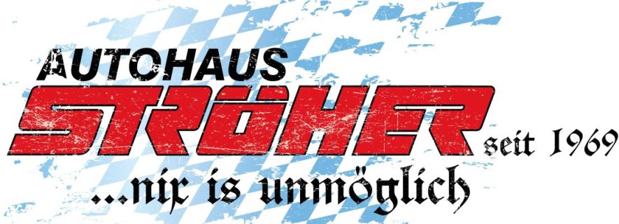 Logo Autohaus Ströher. Im Hintergrund ein weiss-blaues Rautenmuster und im Vordergrund der Schriftzug Autohaus Ströher, nix is unmöglich. Rechts die Angabe Seite 1969
Das Logo wurde bewusst auf alt und verwittert gemacht.