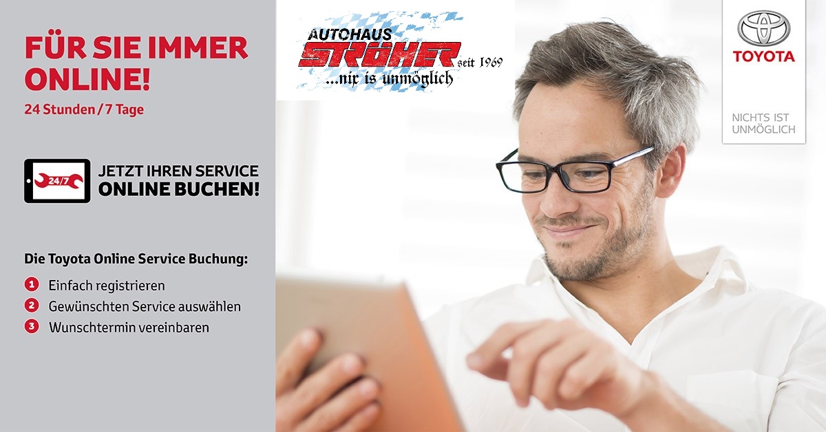 Rechts ist eine Mann mit einem Tablet in der Hand, darüber das Logo des Autohauses Ströher.
Links wird die Onlinebuchung für einen Werkstattservice beschrieben.