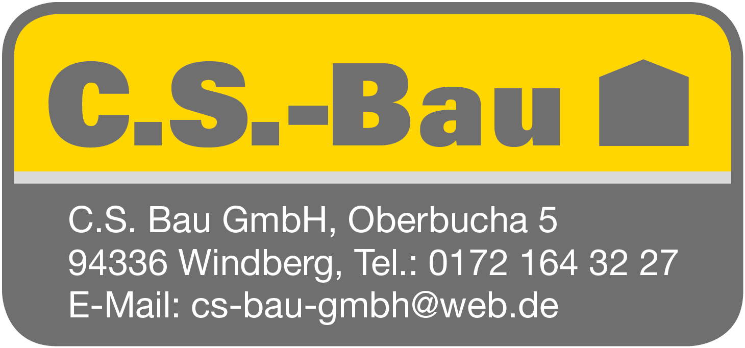 Logo der Firma CS-Bau mit der Adresse und den Kontaktmöglichkeiten.