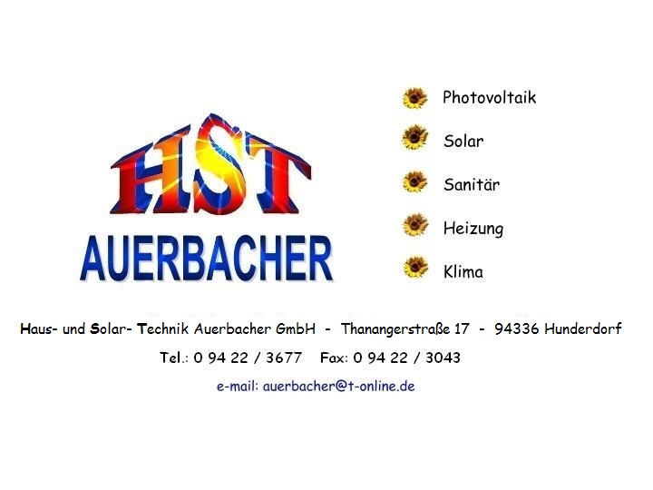 Visitenkarte der Firma Haus- und Solartechnik Auerbacher mit angebotenen Leistungen und Kontaktmöglichkeiten