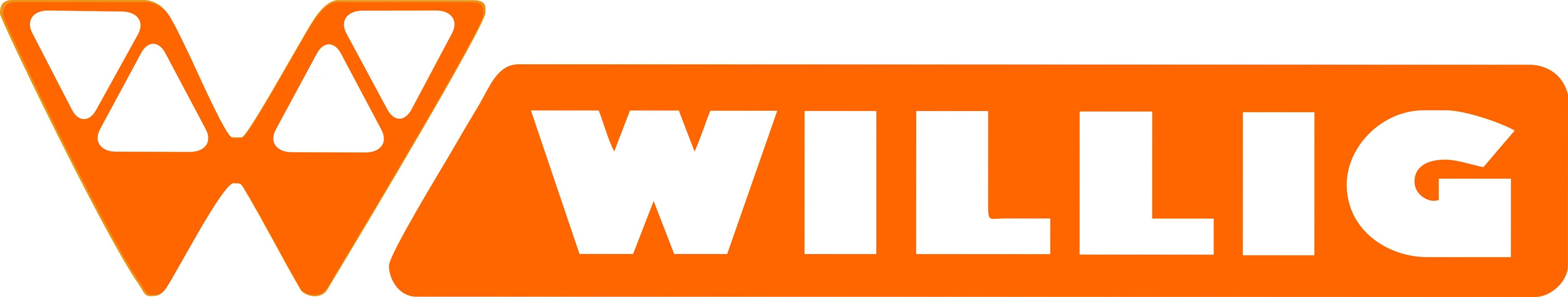 Logo der Firma WILLIG. Links ein grosses W, im unteren Drittel komplett in Orange, darüber nur orange Aussenlinien. Rechts daneben in weissen Buchstaben auf orangem Grund das Wort WILLIG