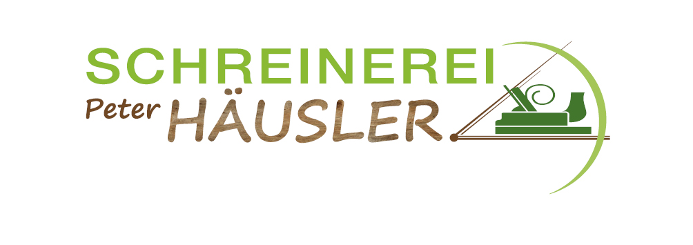 Logo der Schreinerei Häusler. In der ersten Zeile steht in grün Schreinerei, darunter in Braun Peter Häusler.
Rechts ein Hobel, umrahmt von einem Klappwinkel und einem grünen Bogen.