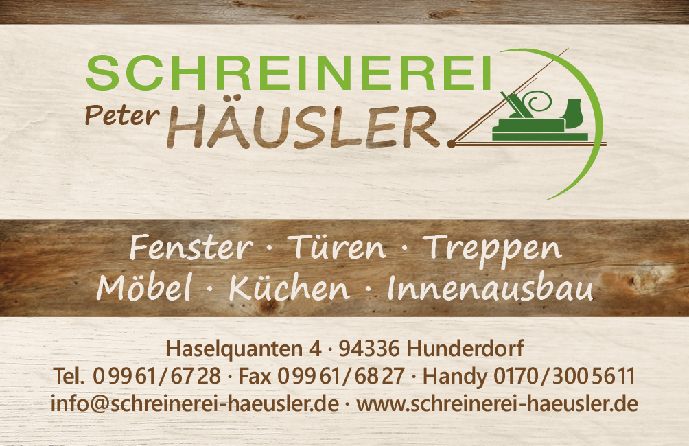 Visitenkarte der Schreinerei Häusler mit Logo, angebotenen Dienstleistungen und Adresse.