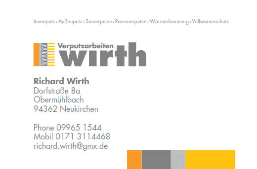 Visitenkarte der Firma Verputzarbeiten Wirth mit Logo, Name des Inhabers und Kontaktdaten.