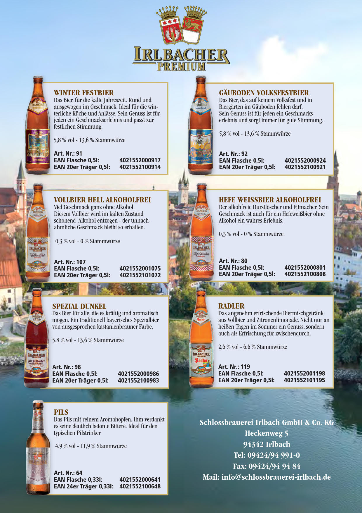 Der Flyer zeigt ein Luft von Irlbach mit der Donau im Vordergrund. Am oberen Rand befindet sih das Wappen der Familien Poschinger-Brey. Unter diesem der Schriftzug Irlbacher Premium.
Zu sehen sind Flaschen der sieben Biersorten Winter Festbier, Gäuboden Volksfestbier, Vollbier Hell Alkoholfrei, Hefe Weissbier Alkoholfrei, Spezial Dinkel, Radler und Pils abgebildet. Neben jeder Flasche steht in einem Kasten eine Beschreibung des Bieres und die Artikelnummern der Gebinde.
Rechts unten steht die Anschrift, Telefon- und Faxnummer, sowie die E-Mail-Adresse der Brauerei.